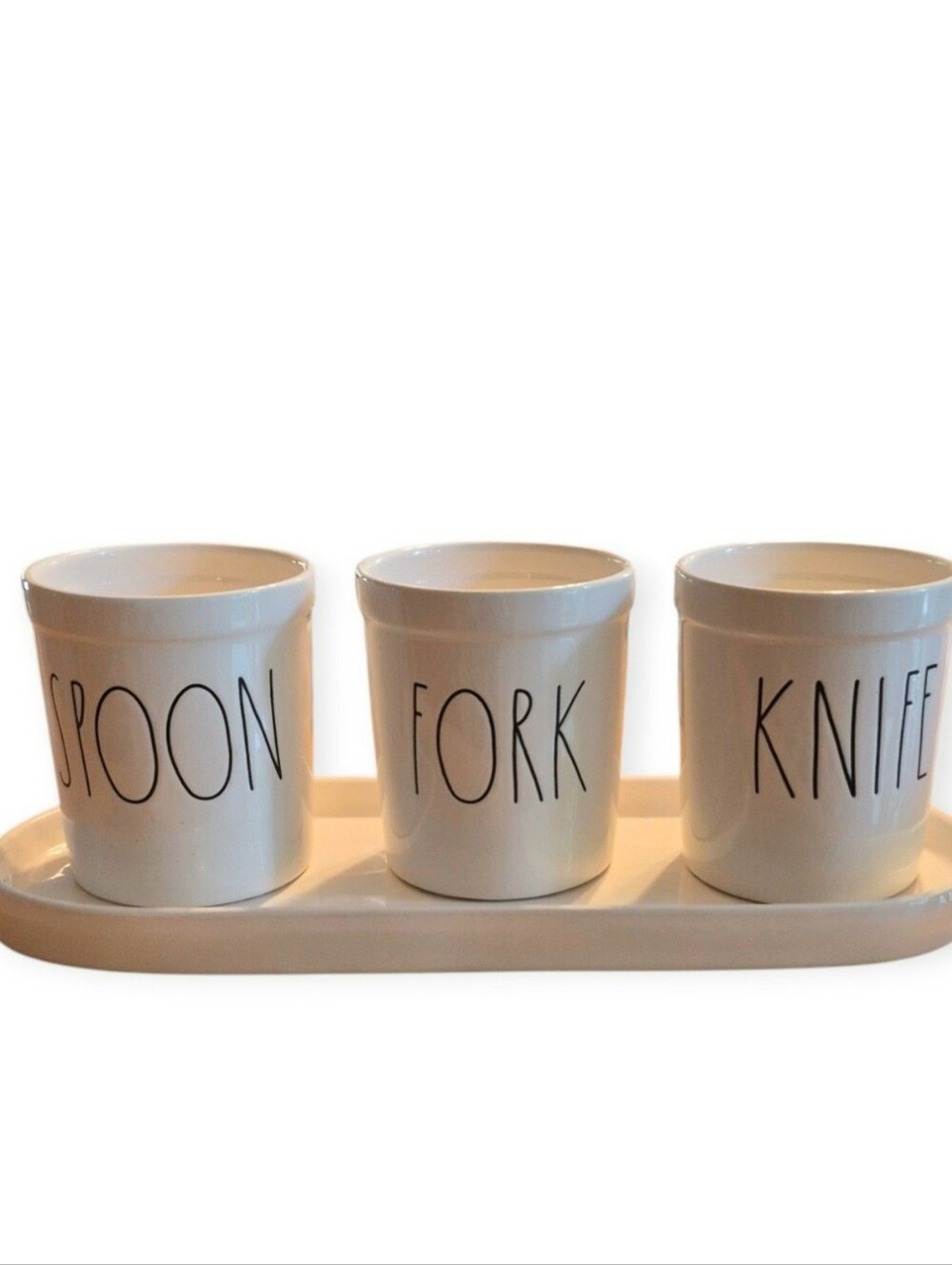 White Ceramic Spoon Fork Knife Utensil Holder Set - Home Kitchen